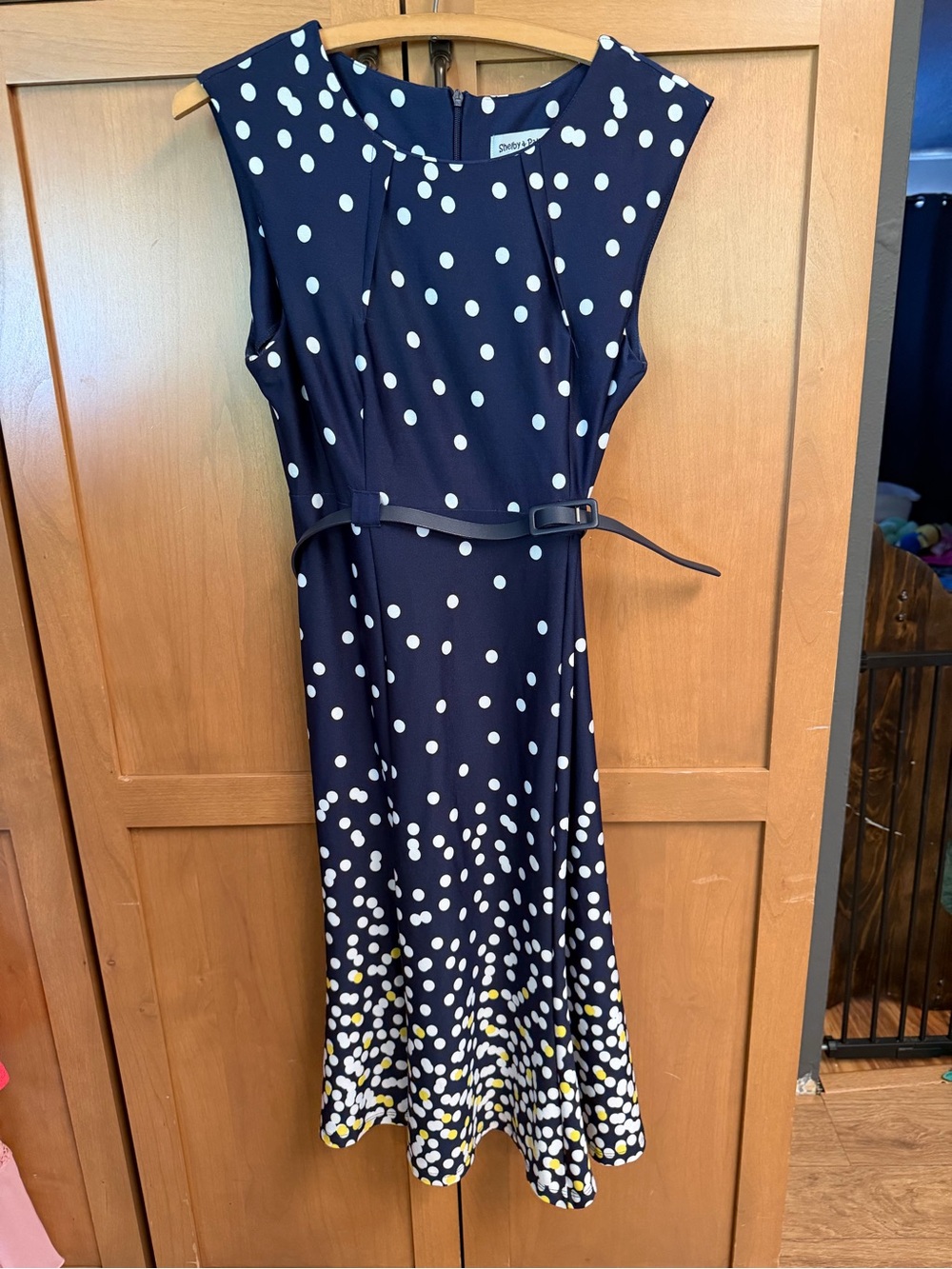 Shelby & Palmer Navy and White Polka Dot Midi Dress with Belt